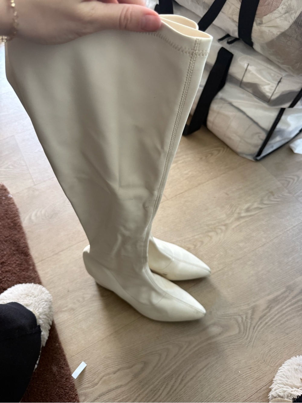 Princess Polly Cream Knee-High Pointed Toe Heeled Boots